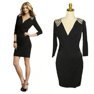CACHE | Black Faux Wrap Shoulder Embedded Ruched Cocktail Mini Dress Size S